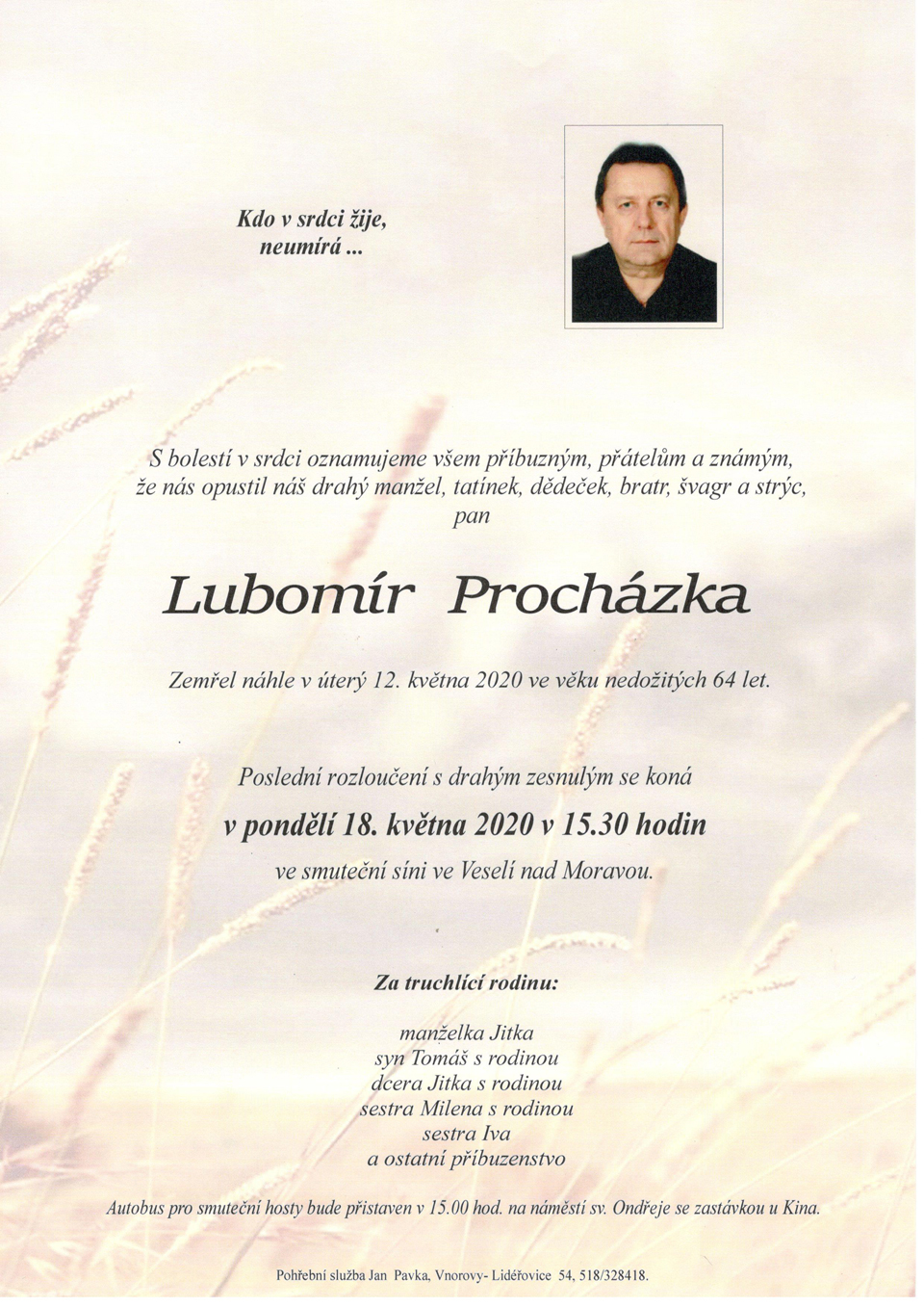 Smuteční oznámení - Lubomír Procházka