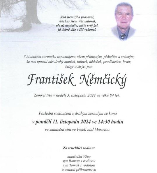 Smuteční oznámení - zemřel bývalý trenér a hráč František Němčický